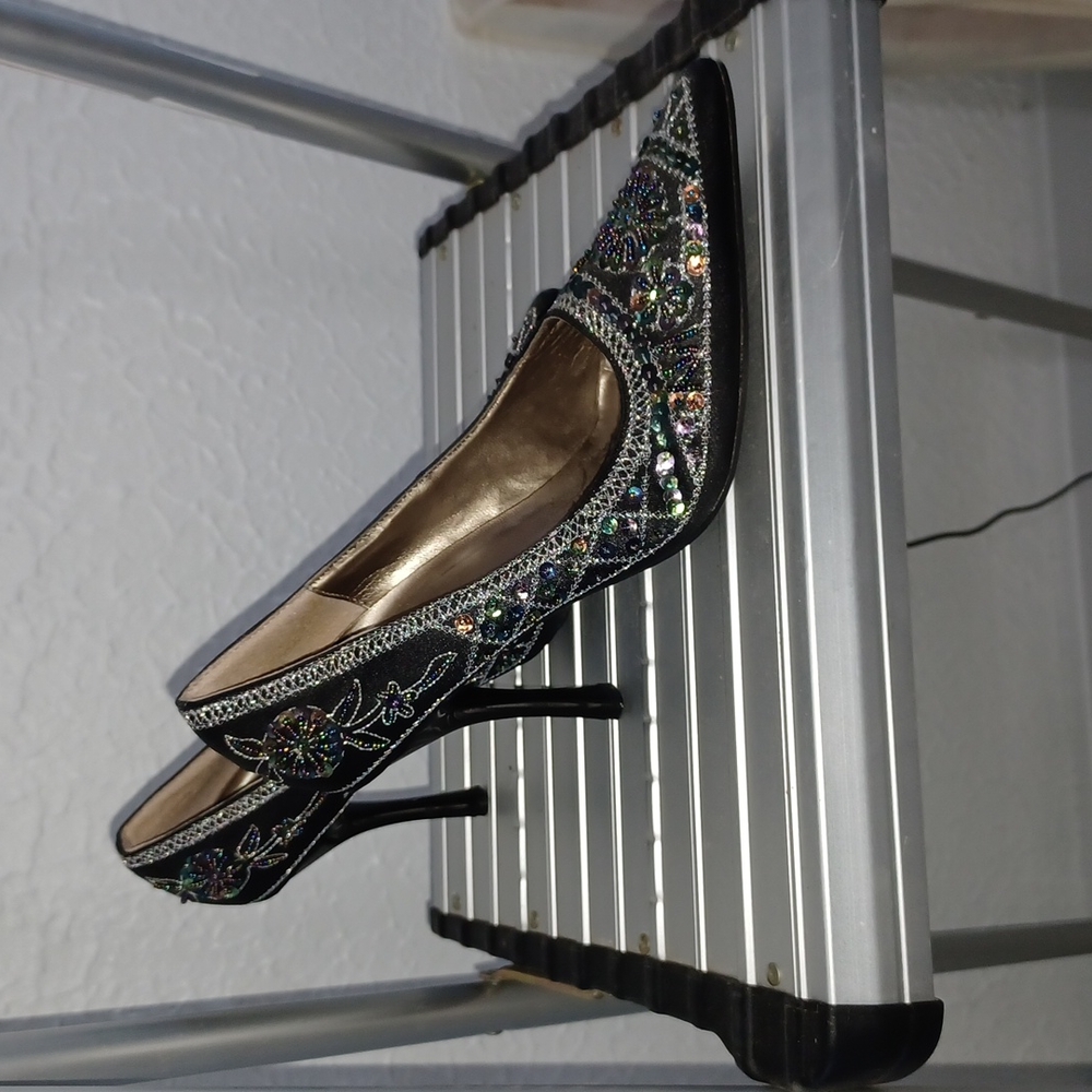 Black Sequin & Bead Audrey High Heel Pointed Toe Pumps Sz 7